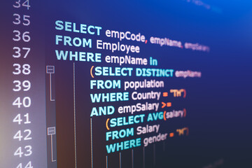 Leinwandbilder - SQL (Structured Query Language) code on computer monitor. Example of SQL code to query data from a database.