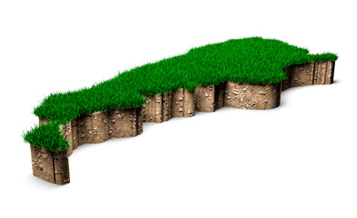 Poster - 3D render of a Argentina map soil land geology cross section with green grass on a white background