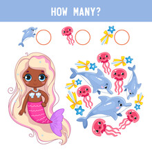 How Many Fish, Dolphins And Jellyfish Lie Next To A Little Dark-skinned Cute Mermaid Girl With A Pink Tail. Counting Educational Children's Game, Children's Math Worksheet. Cartoon Color Vector.