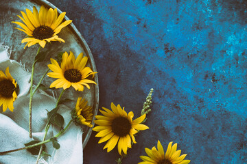 Wall Mural - Sunflowers on blue texture background with copy space for spring season.