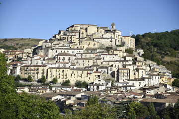 Panoramic view of Calvello, an ancient village in the mountains of the Basilicata region, Italy.