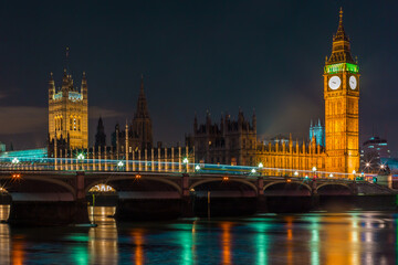 Poster - Night view of downtown London with the Tower Bridge, Big Ben and Houses of Parliament