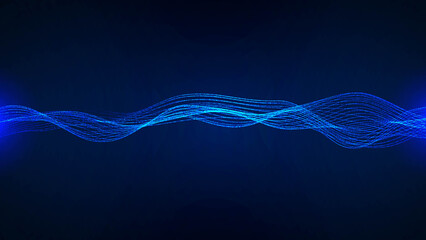 Poster - Neon background. Blue 3d wave design, spiral. Texture lines, strings. Pattern of outer space. Plexus of threads. The Milky Way. LED strip. Poster of technology, science, presentations, business.