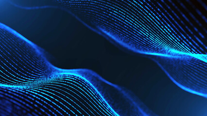 Poster - Neon background frame. Blue 3d wave design, spiral. Texture lines, strings. Pattern of outer space. Plexus of threads. The Milky Way. LED strip. Poster of technology, science, presentations, business.