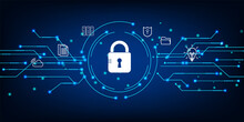 Data Security Concept With Padlock And Cyber Connection Link. Technology Global Network Digital Data Protection Background.