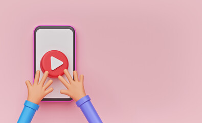 Poster - cartoon hands, smartphone and video play button. minimal background with copy space. 3d rendering