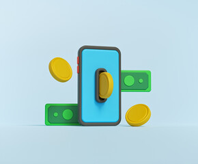 Poster - 3d render. smartphone, coins and cash. online payment, money saving, mobile banking concept. minimal design.