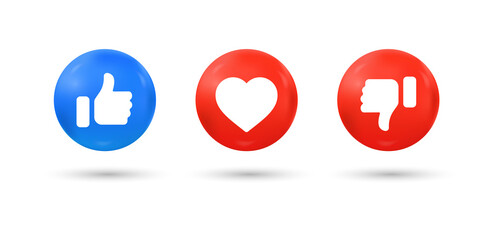 Poster - 3d social media notification icons , Like love dislike buttons in 3d modern style, Thumb up down and heart icon symbol