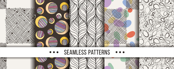 Set of seamless boho patterns with hand-drawn elements texture, abstraction illustration of black silhouette on white background