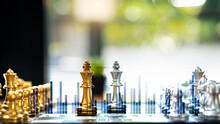 Chess Business Graph And Growth, The Concept Of Important Business And Financial Success Is Analysis And Strategy With Professional Chess Board Games And Competitions And Strategic Plan Definitions.