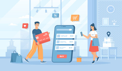 Wall Mural - Shopping online. Internet store app and mobile payments by credit card via electronic wallet wirelessly on phone. Flat cartoon vector illustration with people characters for banner, website design.