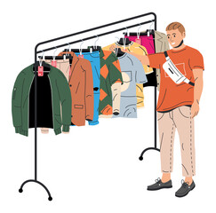 Wall Mural - Man Near Rack with Clothes. Mens Clothes on Hanger. Home or Shop Wardrobe. Clothes and Accessories. Various Hanging Clothing. Jacket, Shirt, Jeans, Pants. Cartoon Flat Vector Illustration
