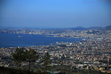 Top View Of The City And The Blue Gulf Of Naples, Seen From Vesuvius, Naples, Campania, Italy
