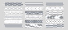Sticky Washi Tapes With Torn Edges. Collection Of White And Gray Ribbons With Abstract Geometric Patterns. Scrapbooking Vector Illustration.