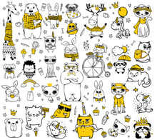 Vector Set Of Cute Doodle Hipster And Tribal Style Animals. Perfect For Greeting Cards Design, T-shirt Prints And Kid's Posters.