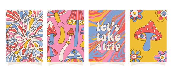 Wall Mural - Set of hipster retro cool psychedelic A4 posters. Collection of groovy banners from the 70s with mushrooms and abstract backgrounds. Abstract design of trend vector illustration with Editable stroke.