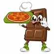 Cute chocolate bar character with funny face being chef serving pizza, cartoon vector illustration isolated, funny chocolate character, mascot, emoticon