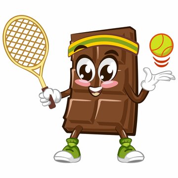 Cute chocolate bar character with funny face playing tennis, cartoon vector illustration isolated, funny chocolate character, mascot, emoticon