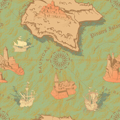 Poster - vector image of seamless texture of vintage nautical map in the style of medieval engravings