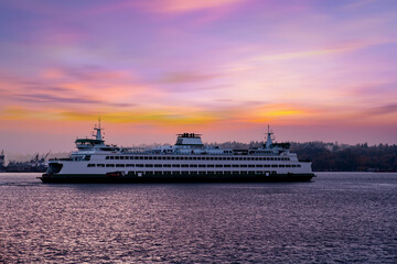 Seattle, Washington, USA, Elliot Bay in Seattle with Ferry at sunset Washington State,