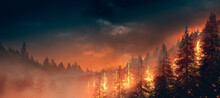 Wildfire Burning Through A Forest. High Contrast Image. Illustration