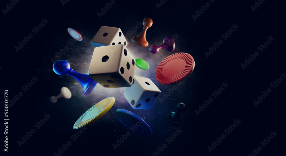 Assorted game board pieces in mid air. 3D illustration, Rendering