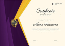 Certificate Of Appreciation Template, Gold And Purple Color. Clean Modern Certificate With Gold Badge. Certificate Border Template With Luxury And Modern Line Pattern. Diploma Vector Template