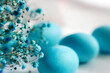 Close-up of beautiful blue Easter eggs. Easter decor. Selective focus