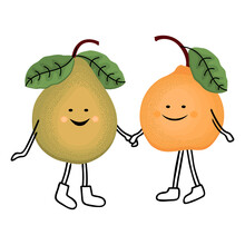 Pear Fruits In Cartoon Style.Pair Of Smiling Characters With Arms And Legs Isolated On White Background.Hand Drawn Vector Illustration For Printing On Fabrics And Paper,design Cards,posters,cover.
