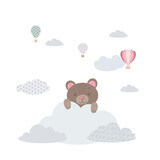 Fototapeta Dinusie - Cute Bear cub on the cloud. The brown bear hides among the clouds. Balloons and airship. Children's illustration, Cute print, vector. Isolated on a white background.