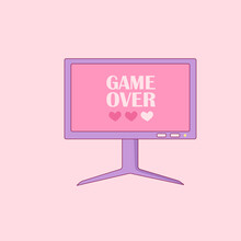 Game Over Text On Retro Pink Computer Monitor. Life Is Over In The Computer Game.