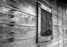 Wire Screen Window With Detail Wood Siding In Black And White