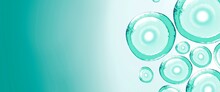 Sky Blue Abstract Bubbles Banner With Copy Space Left.3d Illustration Micellar Water. Reprodoctology, Petrium Dishes,oxygen Molecules.Laboratory Research And Scientific.Transparent Liquid, Human Eggs