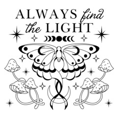 graphic silhouette of celestial moth surrounded mystical fungus, stars and celestial elements with i