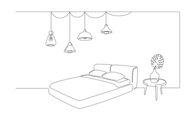 Aufkleber - Continuous one line drawing of bed and table with vase with monstera leaf and hanging loft lamps. Scandinavian home furniture for sleep bedroom in simple linear style. Doodle Vector illustration