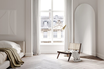 Canvas Print - 3d render of a minimalistic classic style bedroom, bas-relief and moulding decor on the wall, wooden parquet, armchair and oval mirror, large white window with curtains and a view of the old house