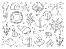 Hand Drawn Set Of Sea Doodle. Marine Elements: Shells, Fish, Seaweed, Anchor And .lifebuoy In Sketch Style. Vector Illustration Isolated On White Background.