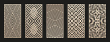 Laser Cut Patterns Set. Vector Collection Of Abstract Geometric Ornament, Lines, Stripes, Grid, Chevron. Decorative Stencil For Laser Cutting Of Wood Panel, Metal, Plastic, Paper. Aspect Ratio 1:2