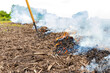 Cornfield fire with corn stover and trash burning in farm field. Farming, agriculture and flooding cleanup concept.