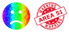 Red Round Scratched WARNING AREA 51 Stamp Seal And Low-poly Sad Smiley Icon With Rainbow Colored Gradient.