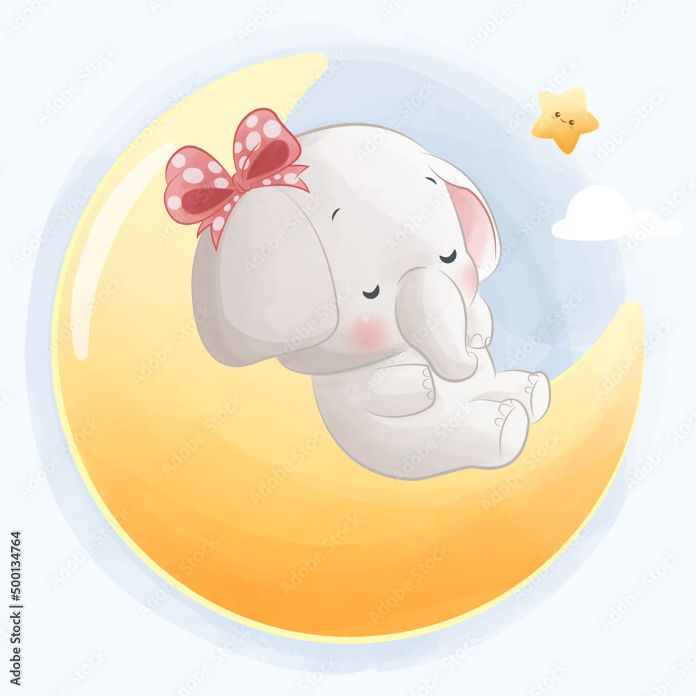 Cute baby elephant sleeping on the moon Stock Vector | Adobe Stock