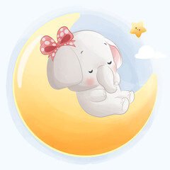 Wall Mural - Cute baby elephant sleeping on the moon