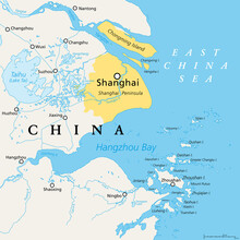 Shanghai And The Yangtze River Delta, Political Map With Major Cities. Megalopolis Of China, Located Where The Yangtze River Drains Into The East China Sea, With Hangzhou Bay And Zhoushan Archipelago.