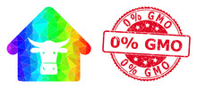 Red Round Corroded 0% GMO Stamp Seal And Lowpoly Cow Farm Icon With Rainbow Colorful Gradient. Triangulated Rainbow Colored Cow Farm Polygonal Symbol Illustration With 0% GMO Textured Round Red Stamp.