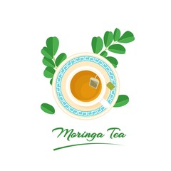 Wall Mural - Moringa tea or Moringa oleifera, served in a cup, with fresh green leaves, isolated on a white background, vector illustration.