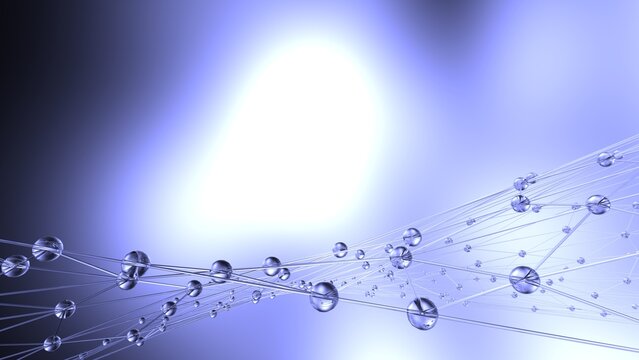 Clear glass atom structure on soft purple background. Concept of biological science, network technology and human strategy. 3D CG. 3D high quality rendering. 3D illustration.
