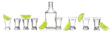 Set With Shots And Bottle Of Tasty Tequila With Lime On White Background