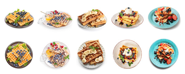 Wall Mural - Set of tasty Belgian waffles on white background