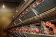 Close-up of laying hens in the coop, selective focus. Poultry farm.