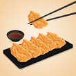 Japanese gyoza dumplings (potstickers) recipe and chopsticks holding gyoza illustration vector